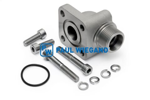 Złącze śrubowe z kołnierzem do pompy hydraulicznej Faun, norma DIN 3901/3902, model 20S (M30x2), LK: 55, kątowe 90°